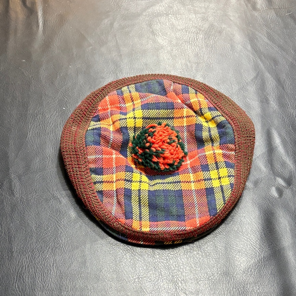 Source Unknown Multicolor Plaid Beret with Pom-Pom